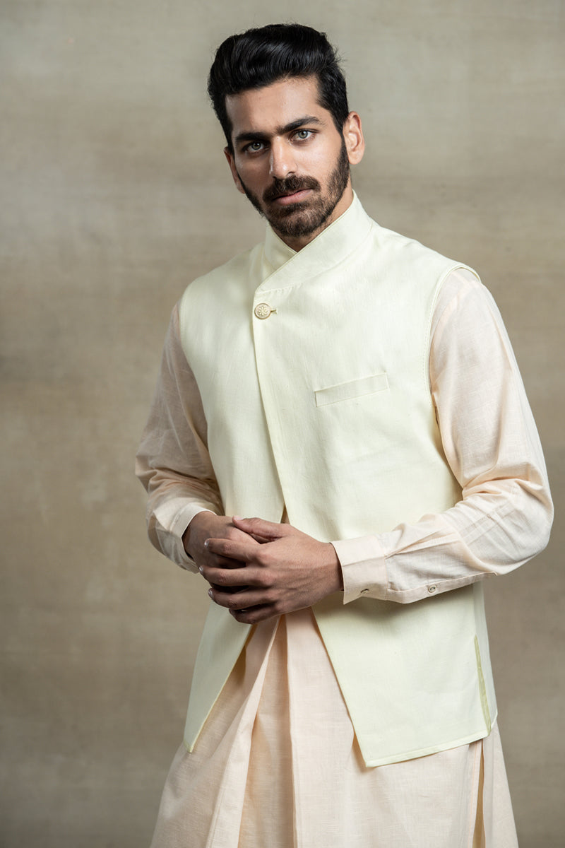 Light Green Cotton Asymmetrical Kurta Bundi Set