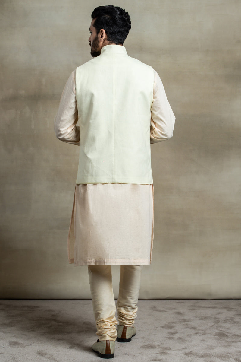 Light Green Cotton Asymmetrical Kurta Bundi Set