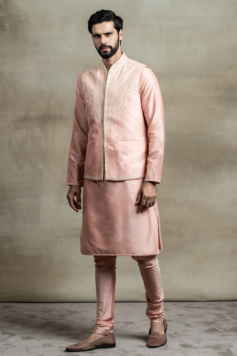 Pink Placement Embroidered Kurta Bundi Set