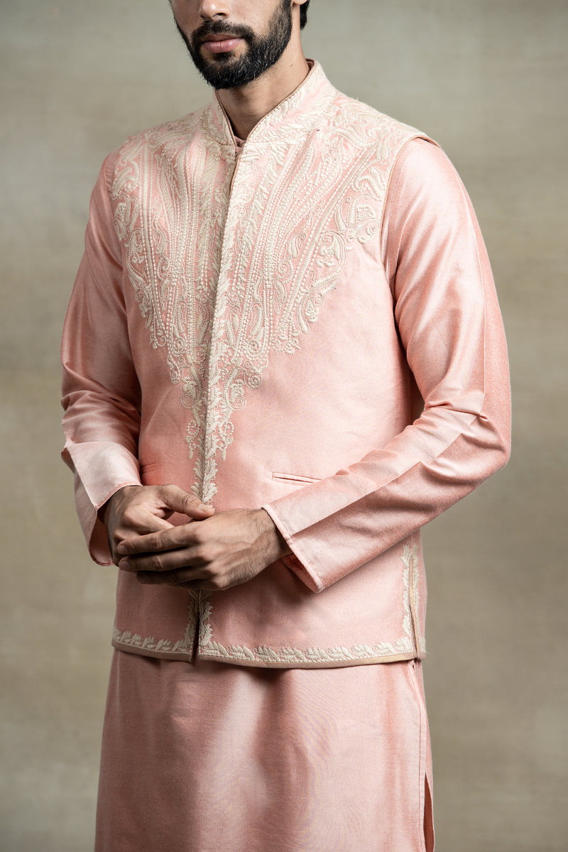 Pink Placement Embroidered Kurta Bundi Set