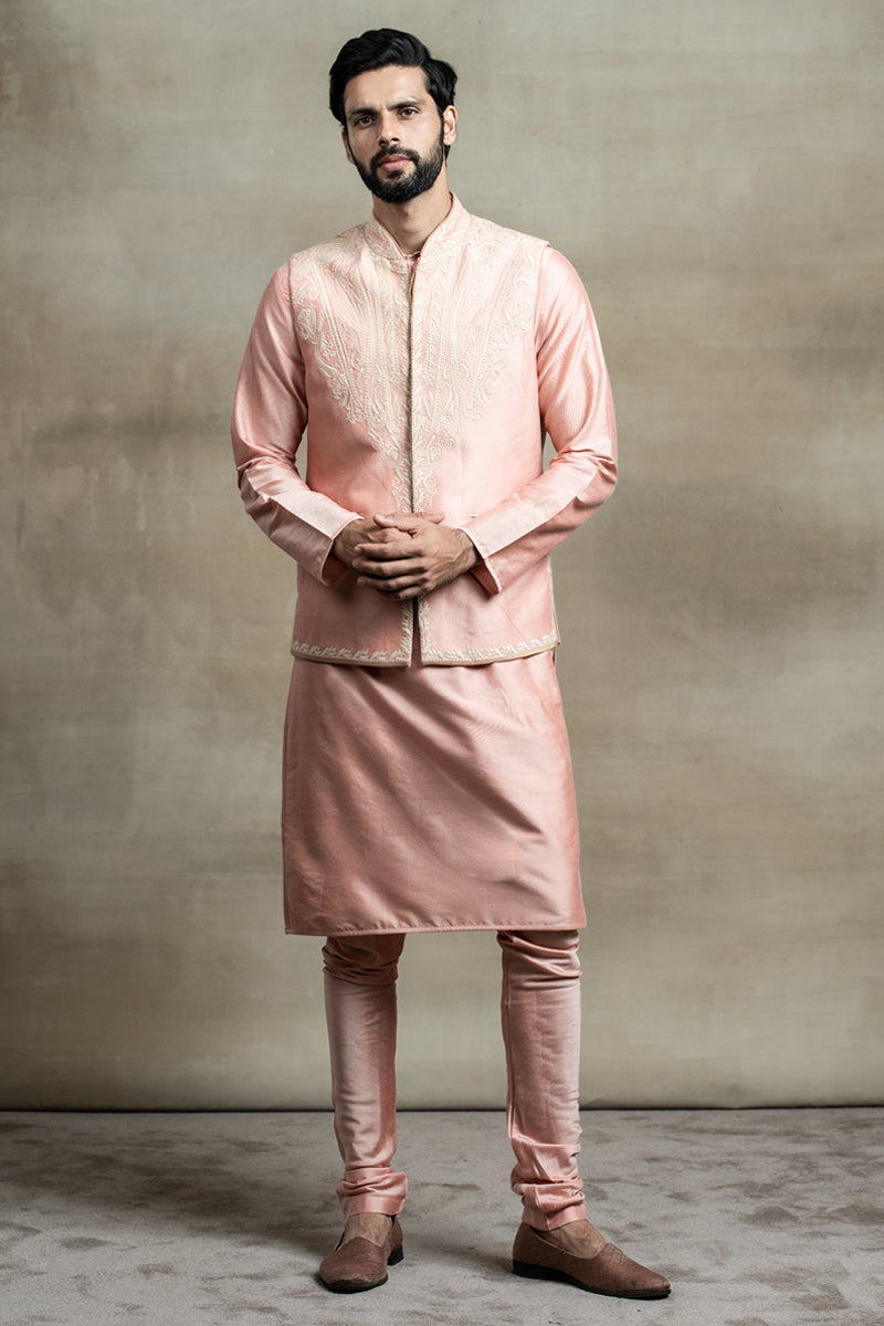 Pink Placement Embroidered Kurta Bundi Set