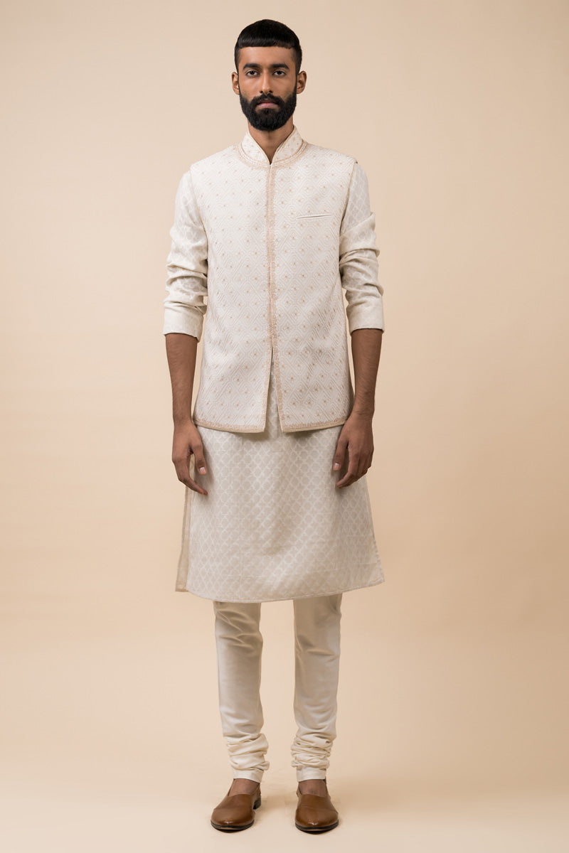 Ivory All Over Embroidered Kurta Bundi Set