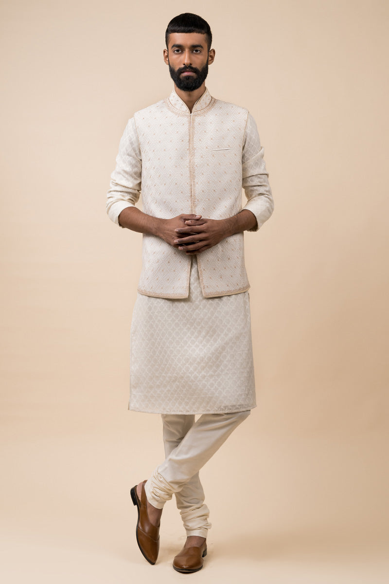 Ivory All Over Embroidered Kurta Bundi Set