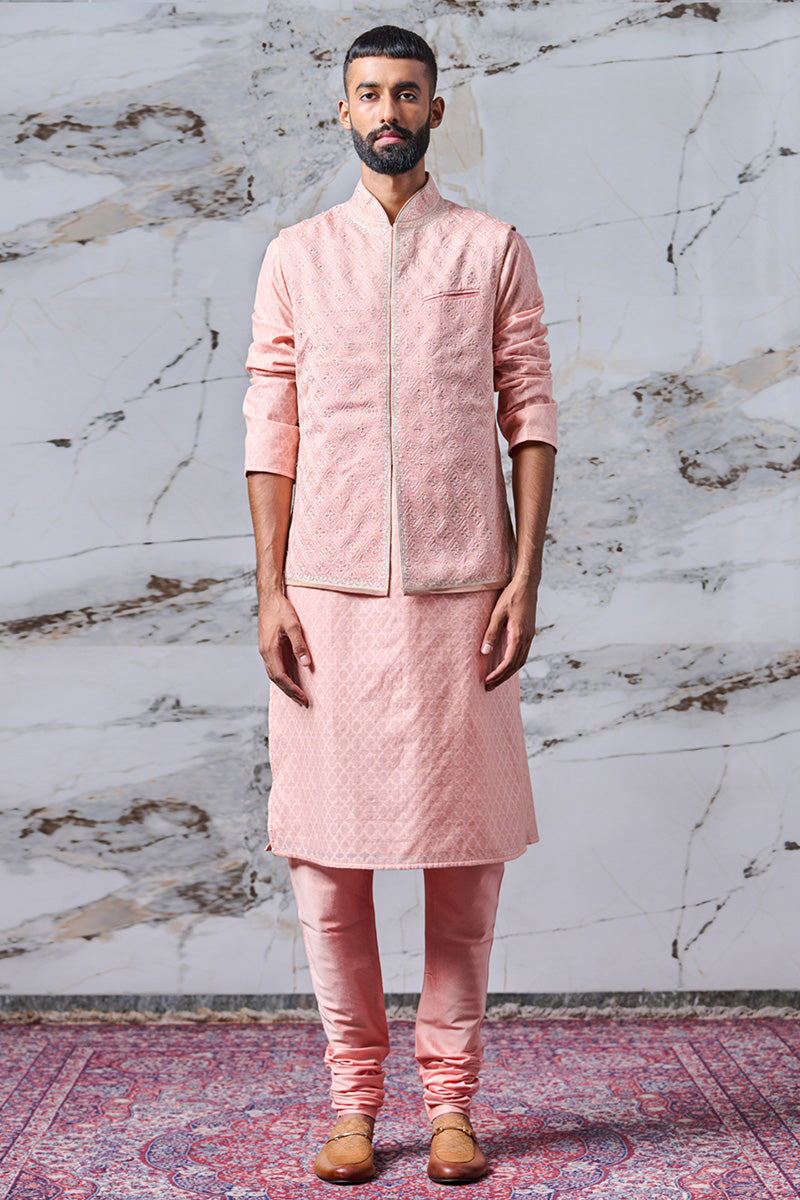 Pink All Over Embroidered Kurta Bundi Set