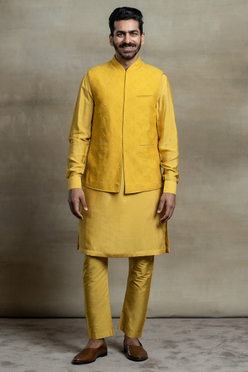 Yellow All Over Thread Embroidered Kurta Bundi Set