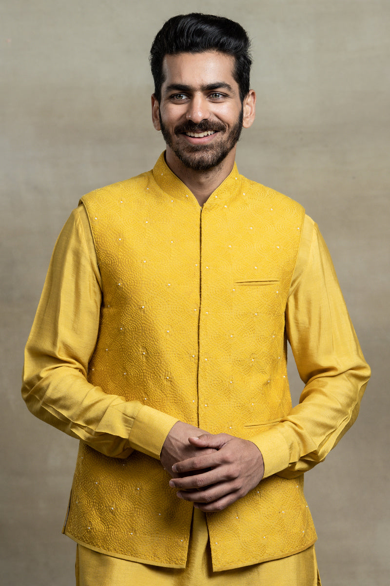 Yellow All Over Thread Embroidered Kurta Bundi Set