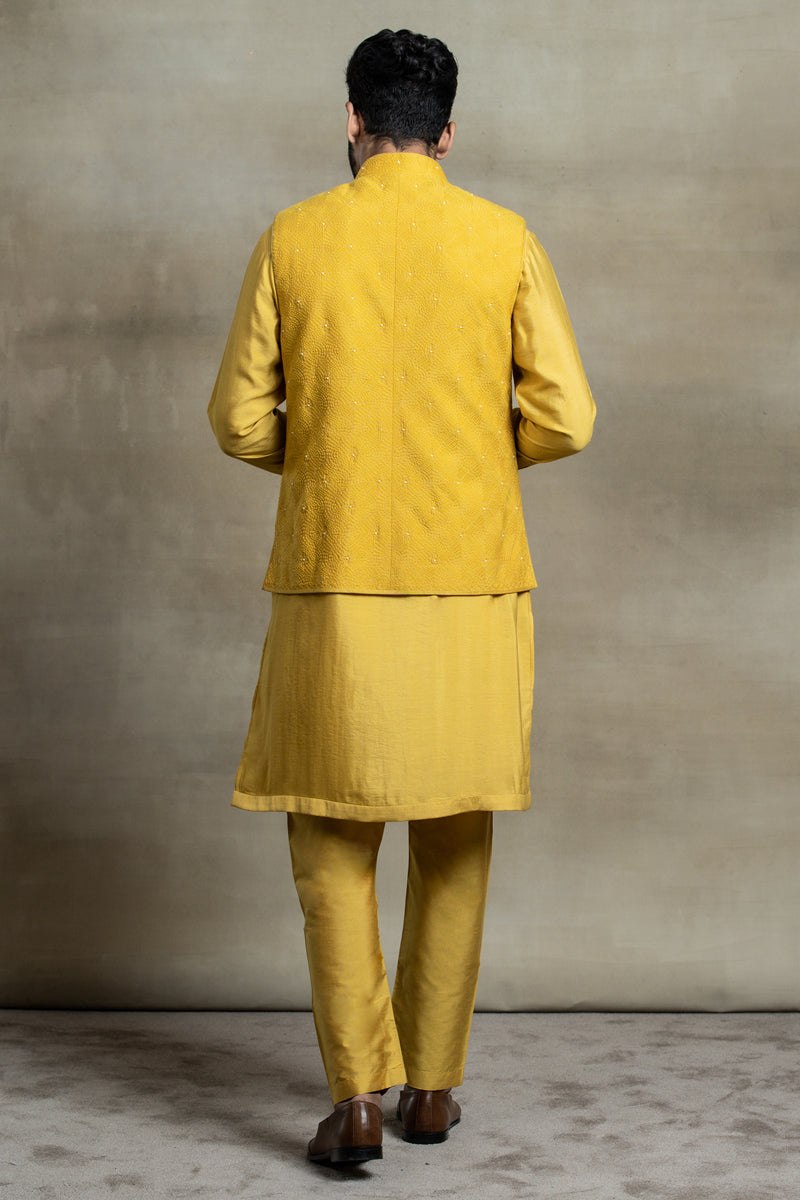 Yellow All Over Thread Embroidered Kurta Bundi Set