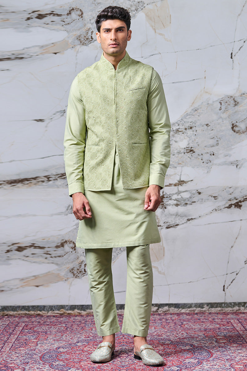 Light Green All Over Thread Embroidered Kurta Bundi Set