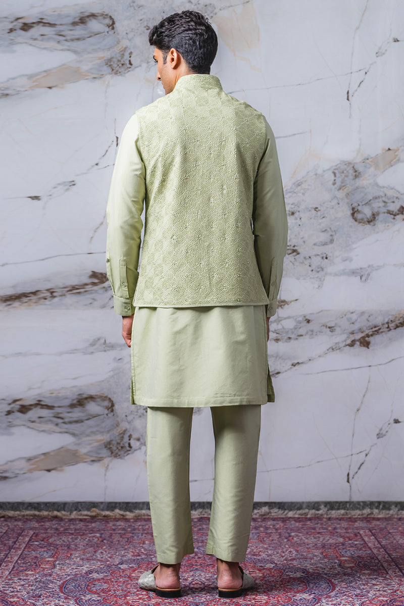 Light Green All Over Thread Embroidered Kurta Bundi Set