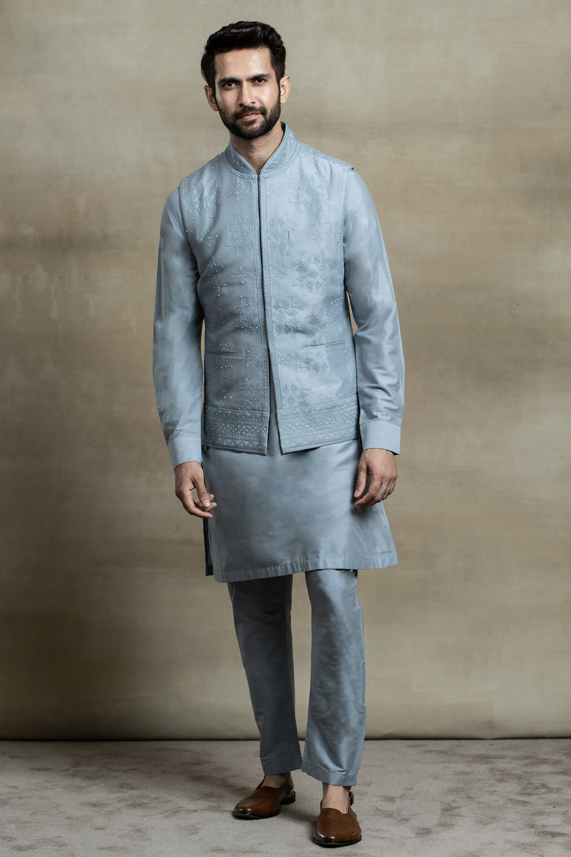 Light Blue All Over Thread Embroidered Kurta Bundi Set