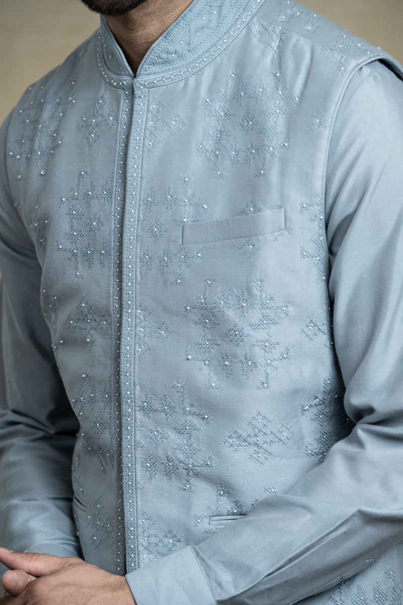 Light Blue All Over Thread Embroidered Kurta Bundi Set