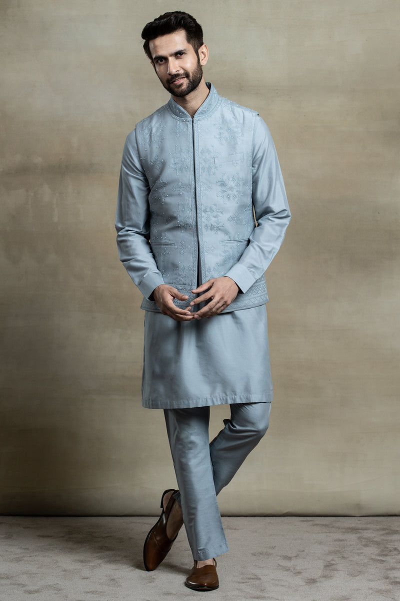 Light Blue All Over Thread Embroidered Kurta Bundi Set