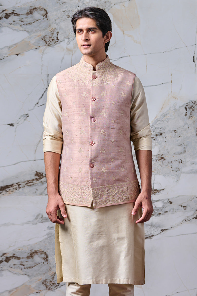 Pink All Over Dori Embroidered Kurta Bundi Set