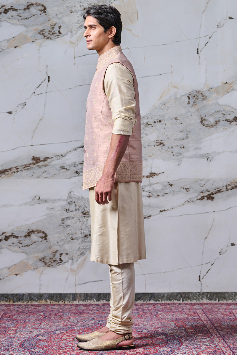 Pink All Over Dori Embroidered Kurta Bundi Set