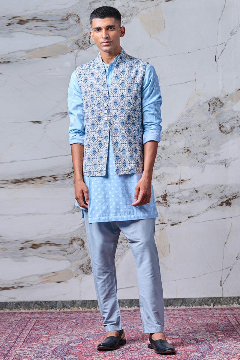 Blue Printed Kurta Bundi Set