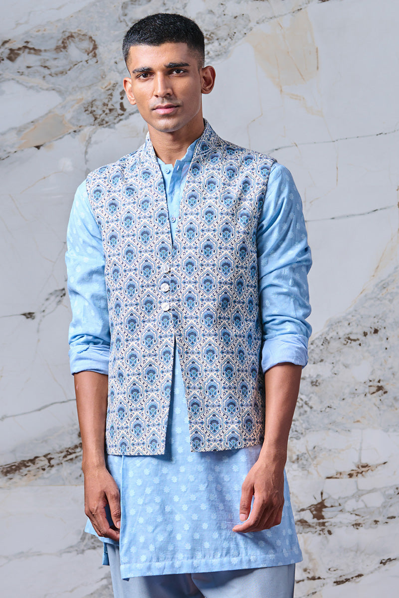 Blue Printed Kurta Bundi Set