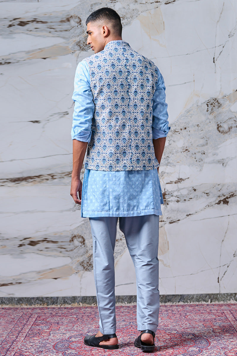 Blue Printed Kurta Bundi Set