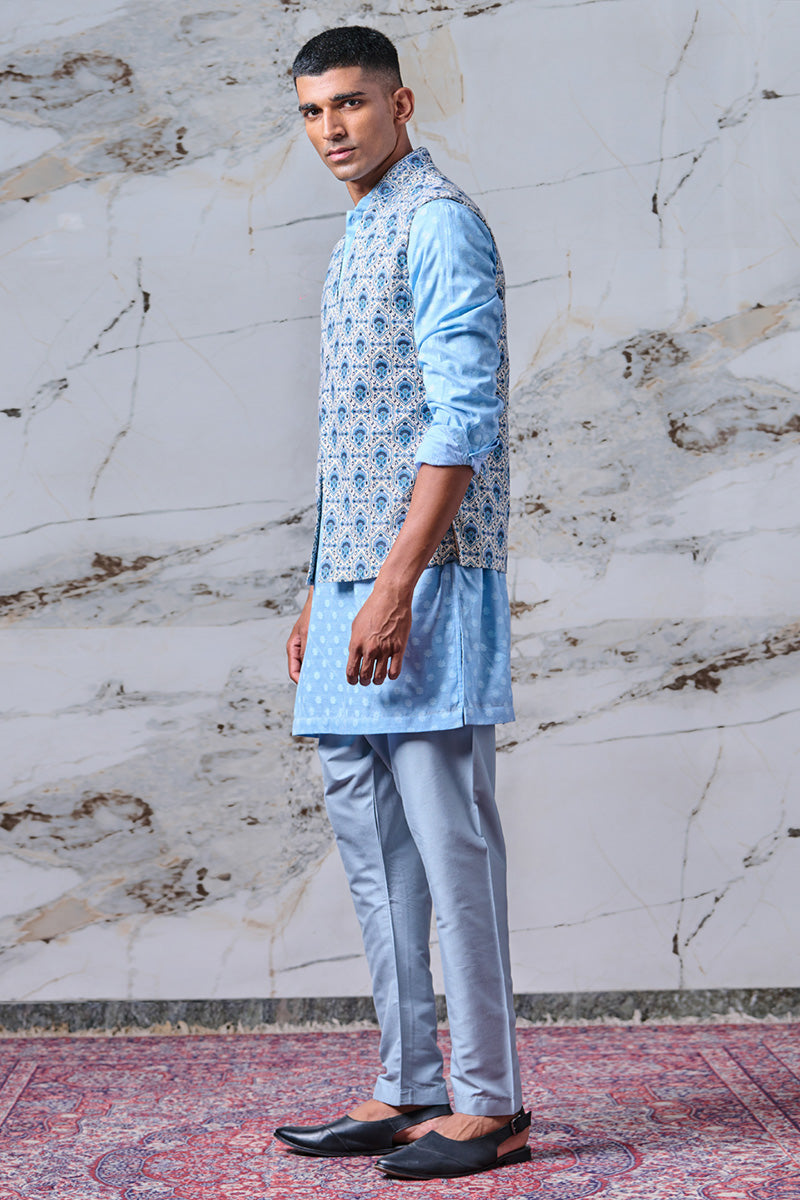 Blue Printed Kurta Bundi Set