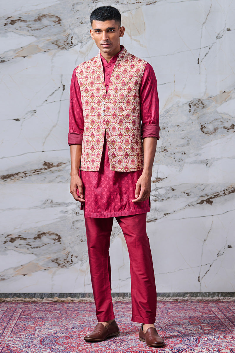 Maroon Printed Kurta Bundi Set