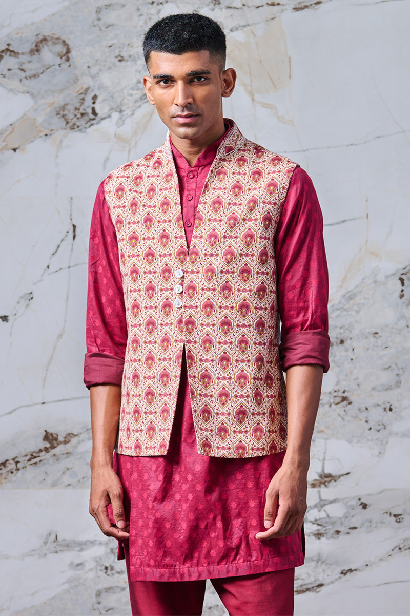 Maroon Printed Kurta Bundi Set