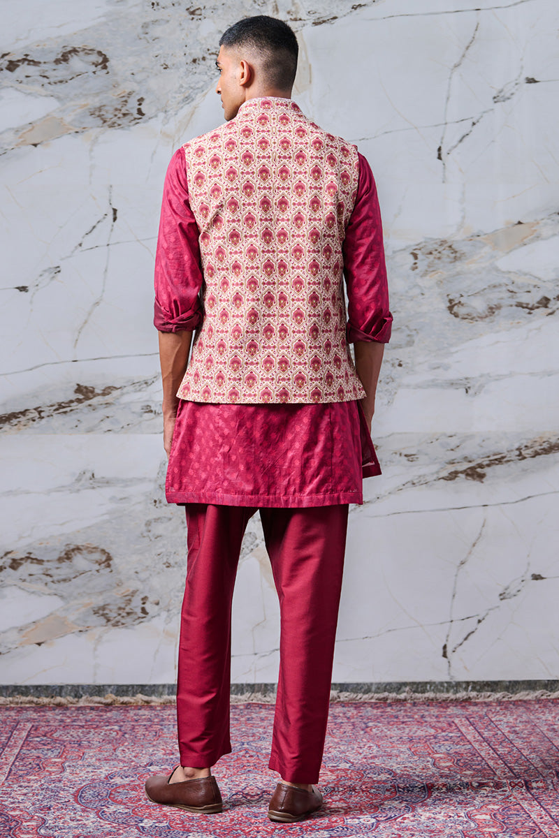 Maroon Printed Kurta Bundi Set