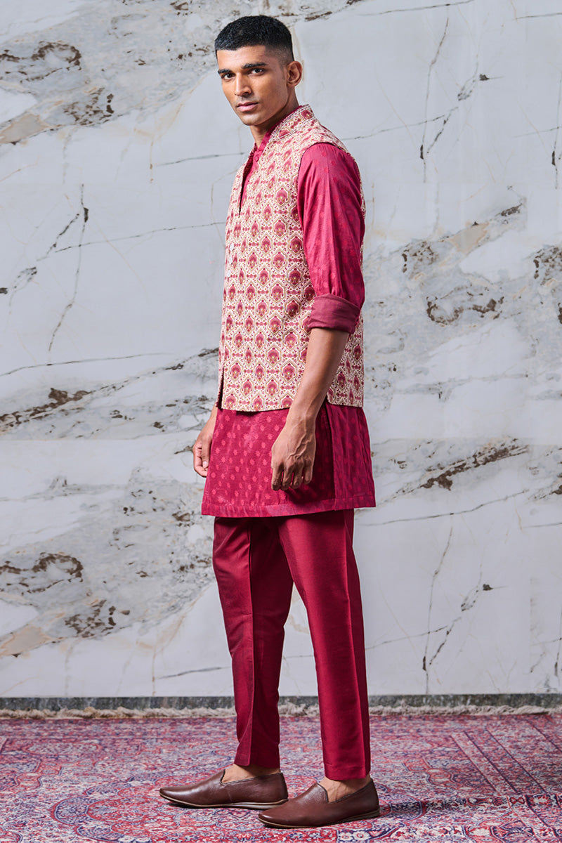 Maroon Printed Kurta Bundi Set