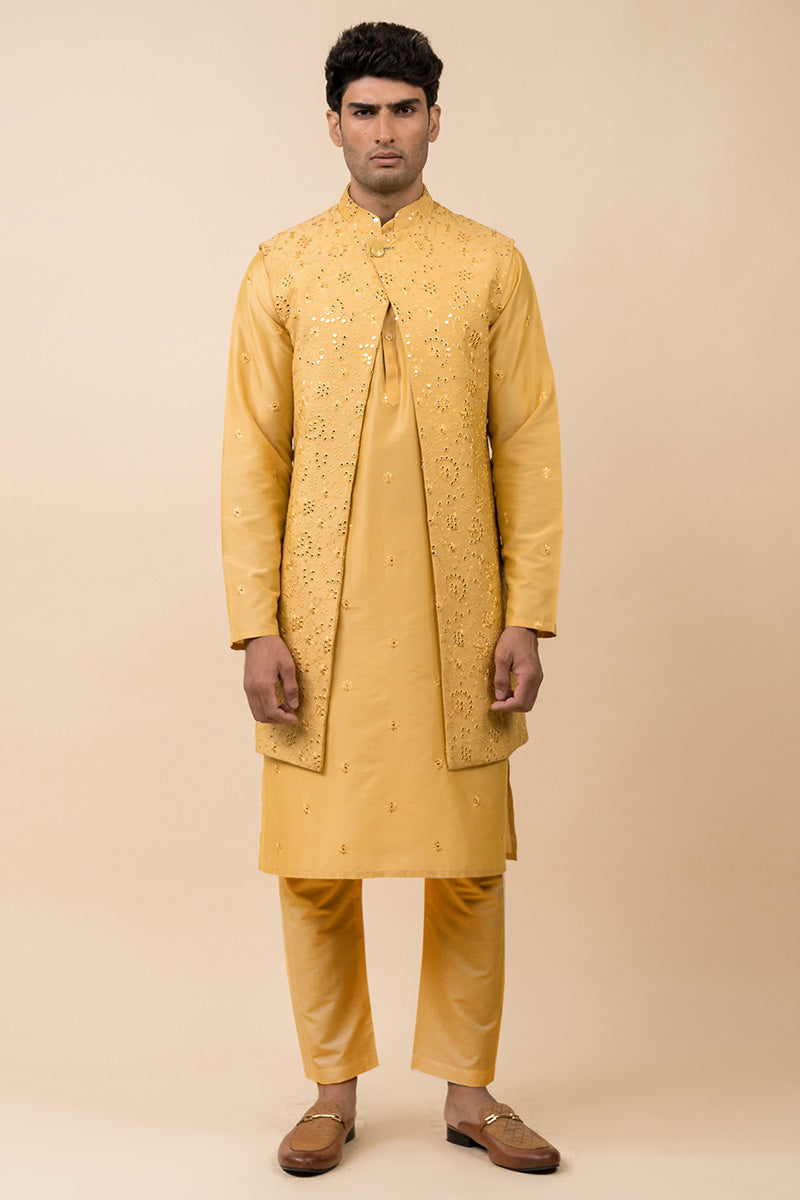 Yellow Open Front Kurta Bundi Set