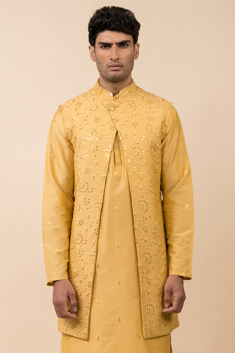 Yellow Open Front Kurta Bundi Set