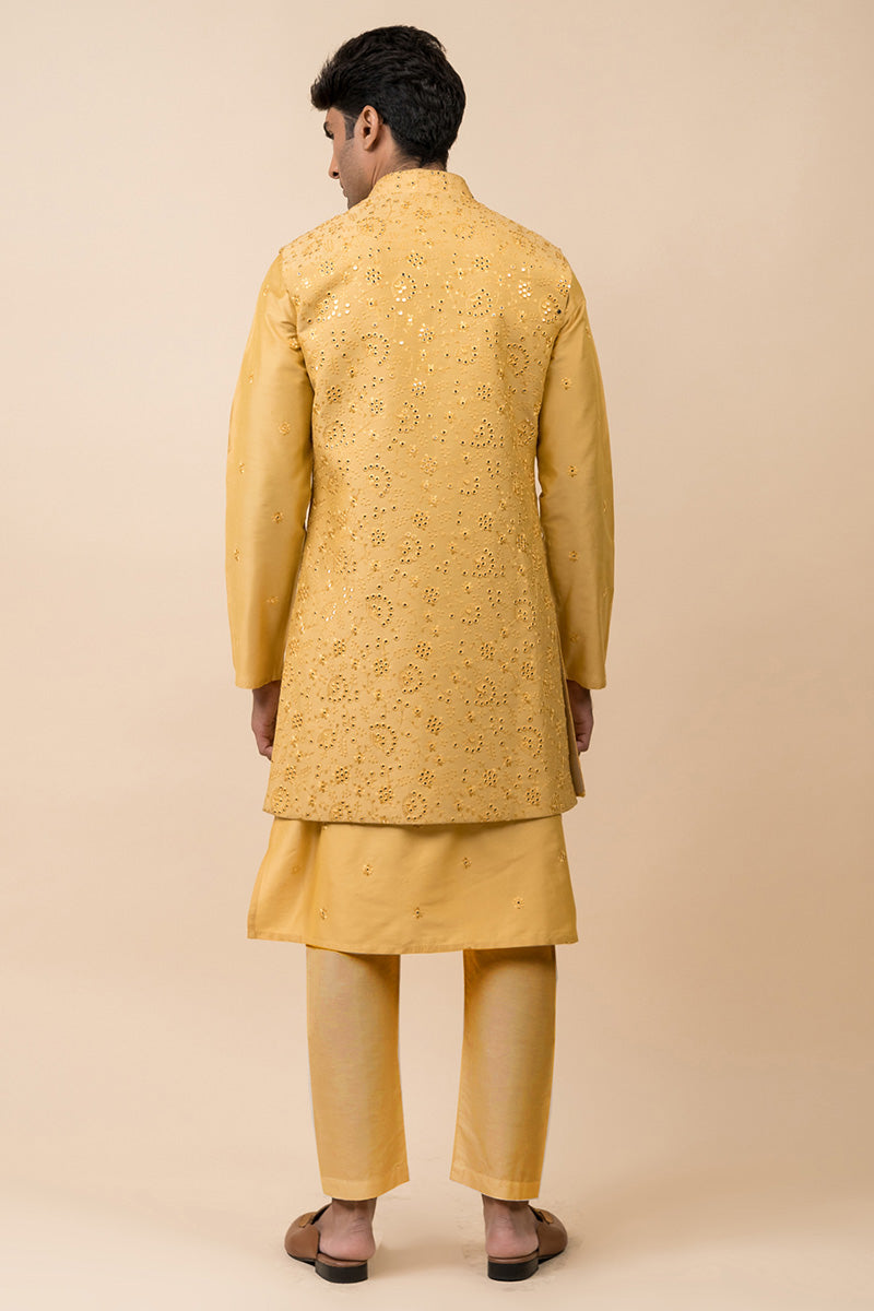 Yellow Open Front Kurta Bundi Set