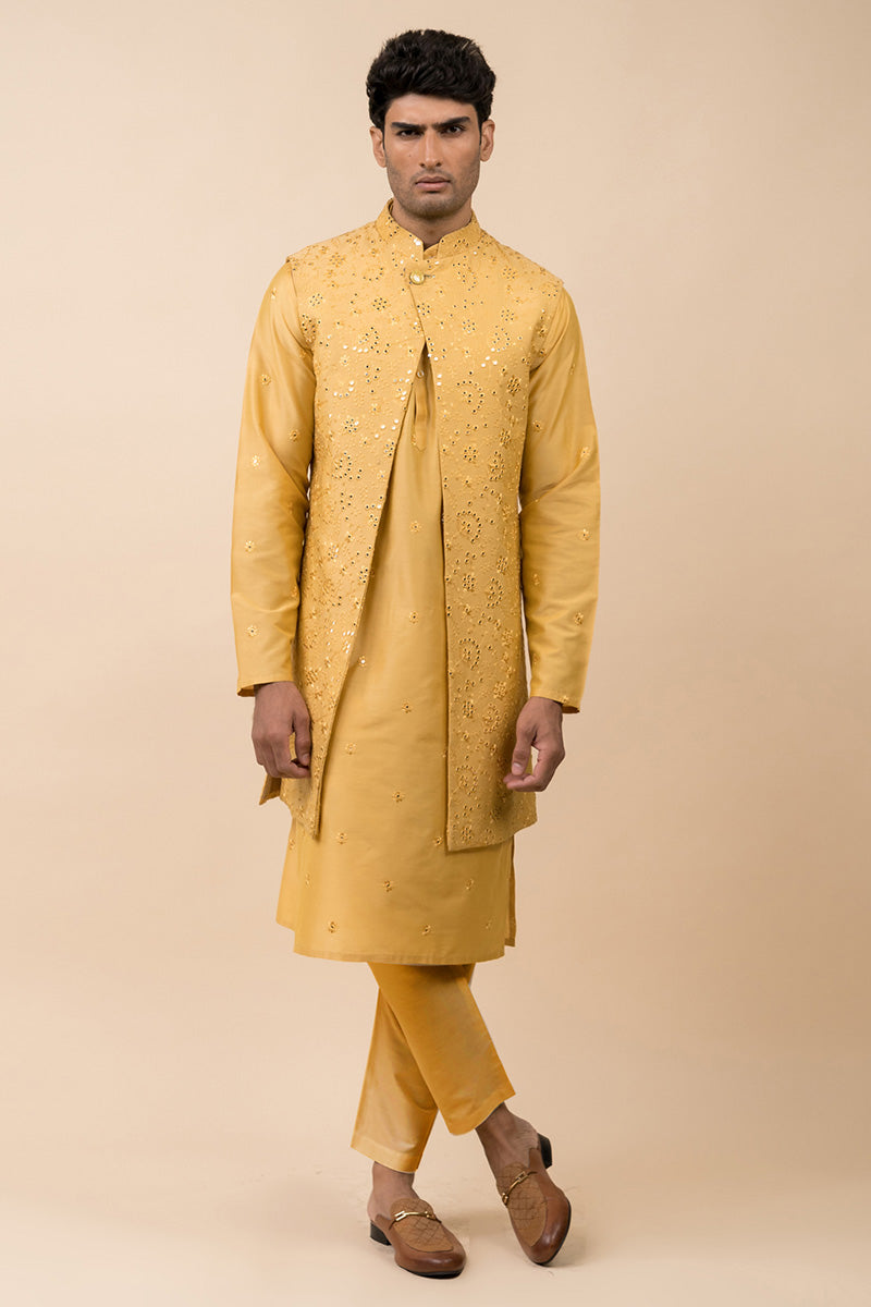 Yellow Open Front Kurta Bundi Set