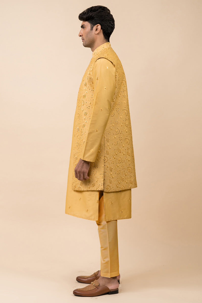 Yellow Open Front Kurta Bundi Set