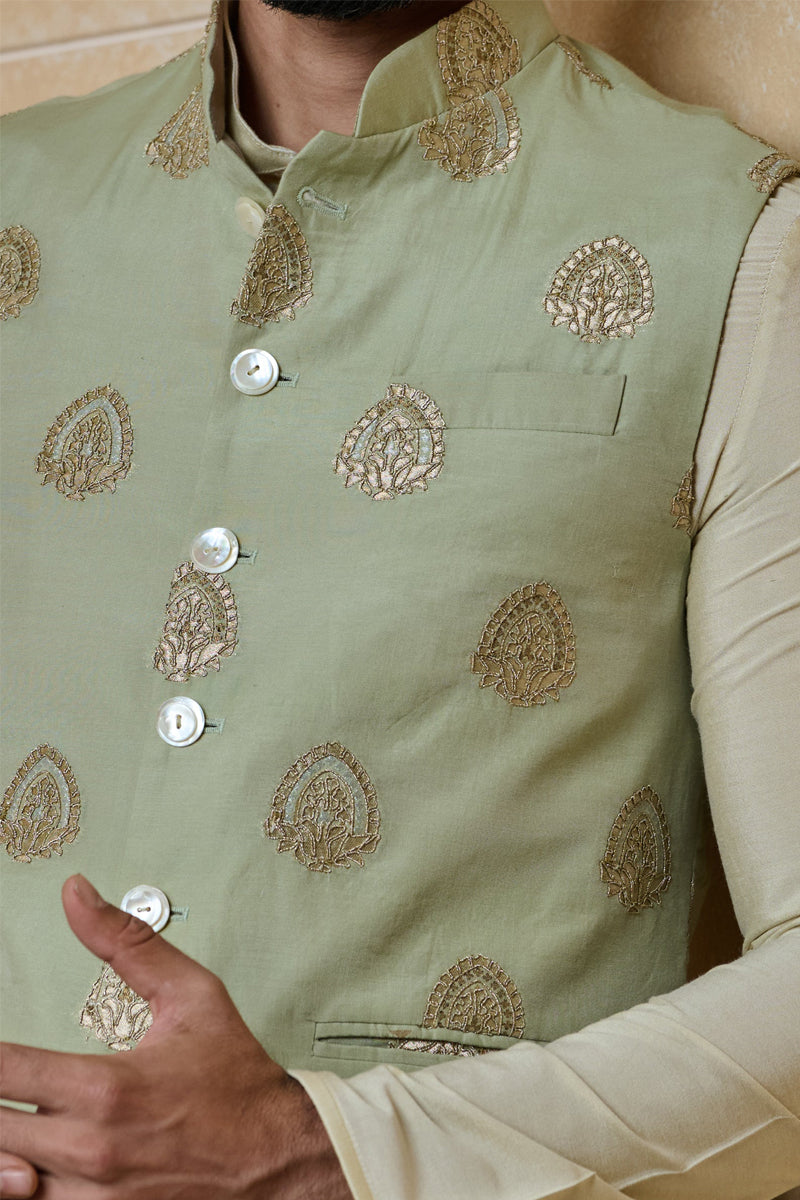 Green Dori Work Highlighted Kurta Bundi Set