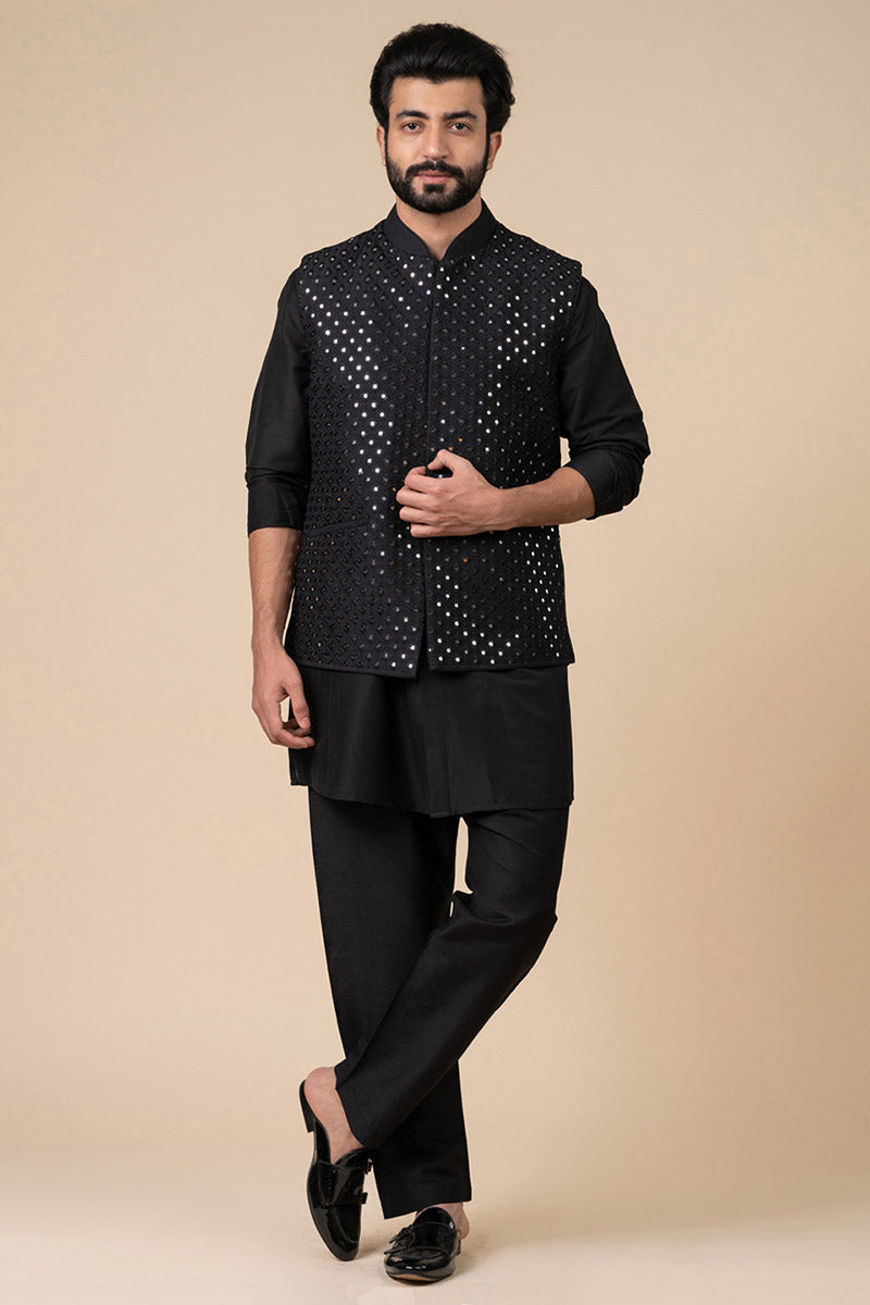 Black All Over Mirror Work Kurta Bundi Set