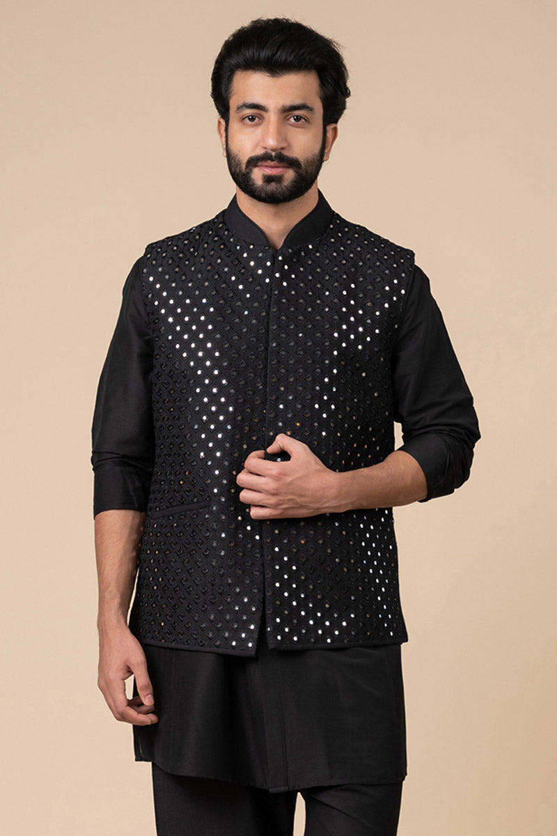 Black All Over Mirror Work Kurta Bundi Set