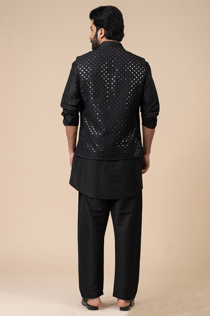 Black All Over Mirror Work Kurta Bundi Set