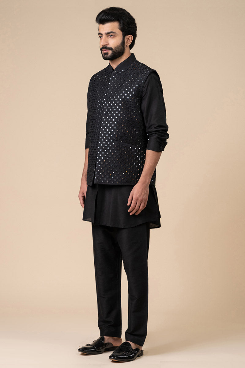 Black All Over Mirror Work Kurta Bundi Set