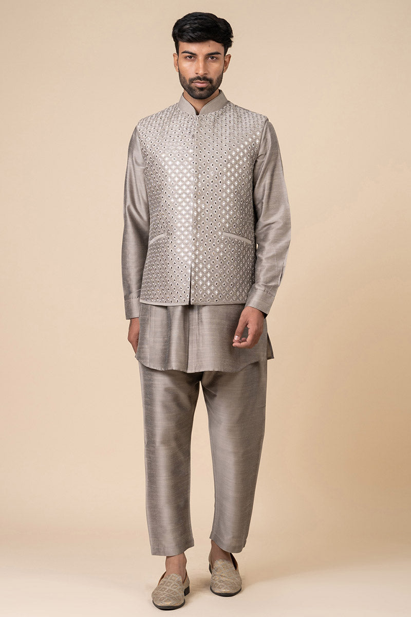 Grey All Over Mirror Work Kurta Bundi Set