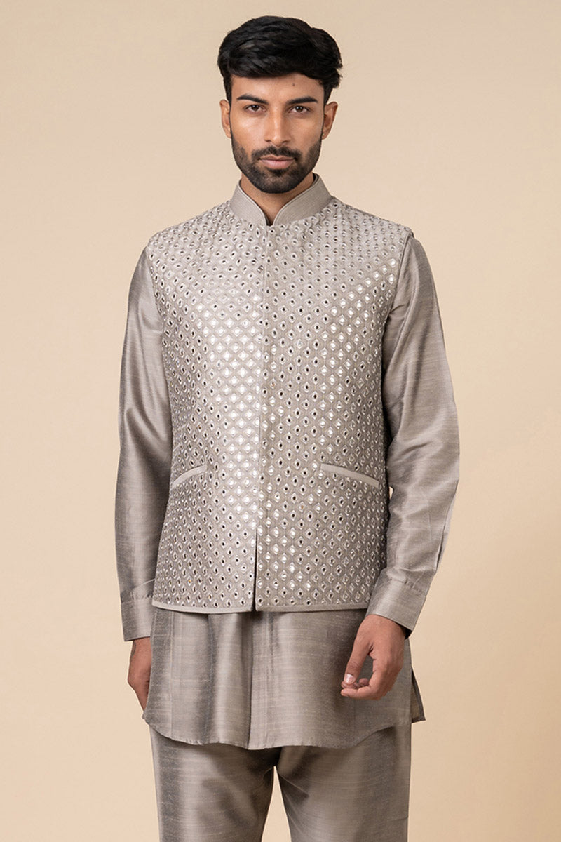 Grey All Over Mirror Work Kurta Bundi Set