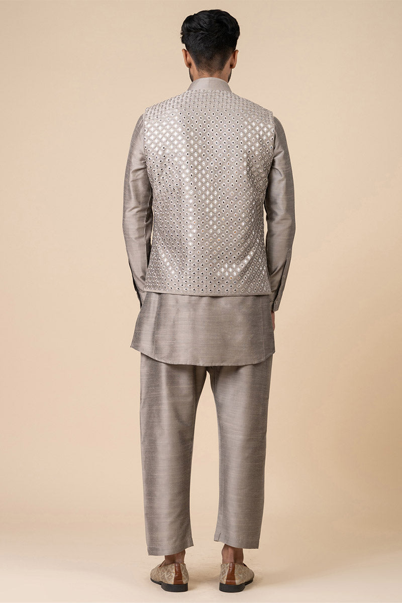 Grey All Over Mirror Work Kurta Bundi Set