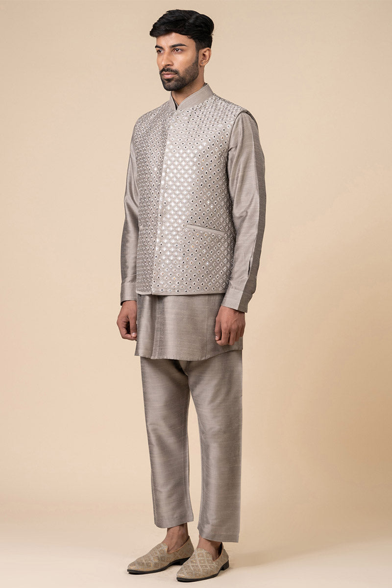 Grey All Over Mirror Work Kurta Bundi Set