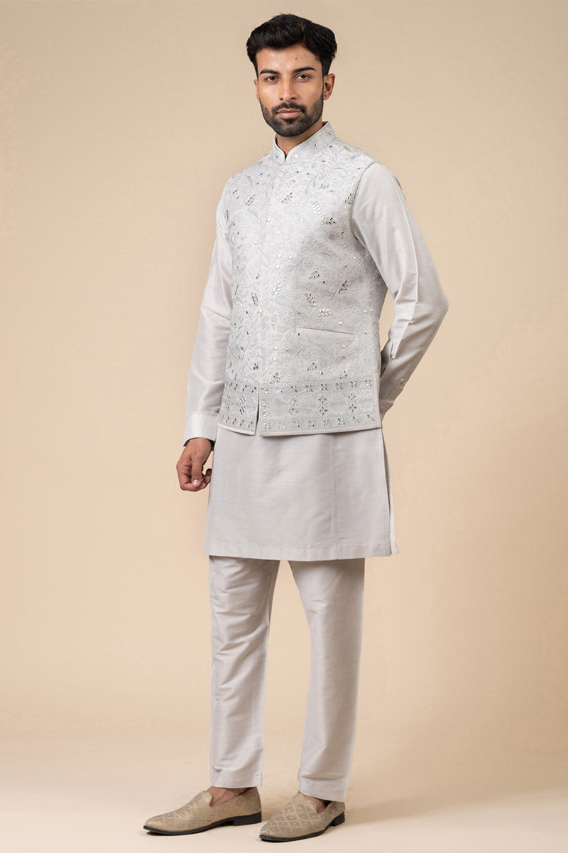 Light Grey Threadwork Kurta Bundi Set