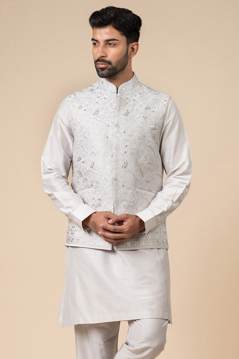 Light Grey Threadwork Kurta Bundi Set