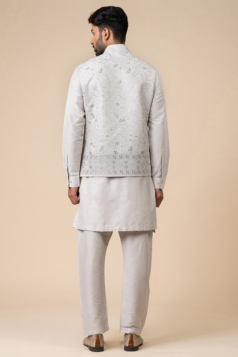 Light Grey Threadwork Kurta Bundi Set