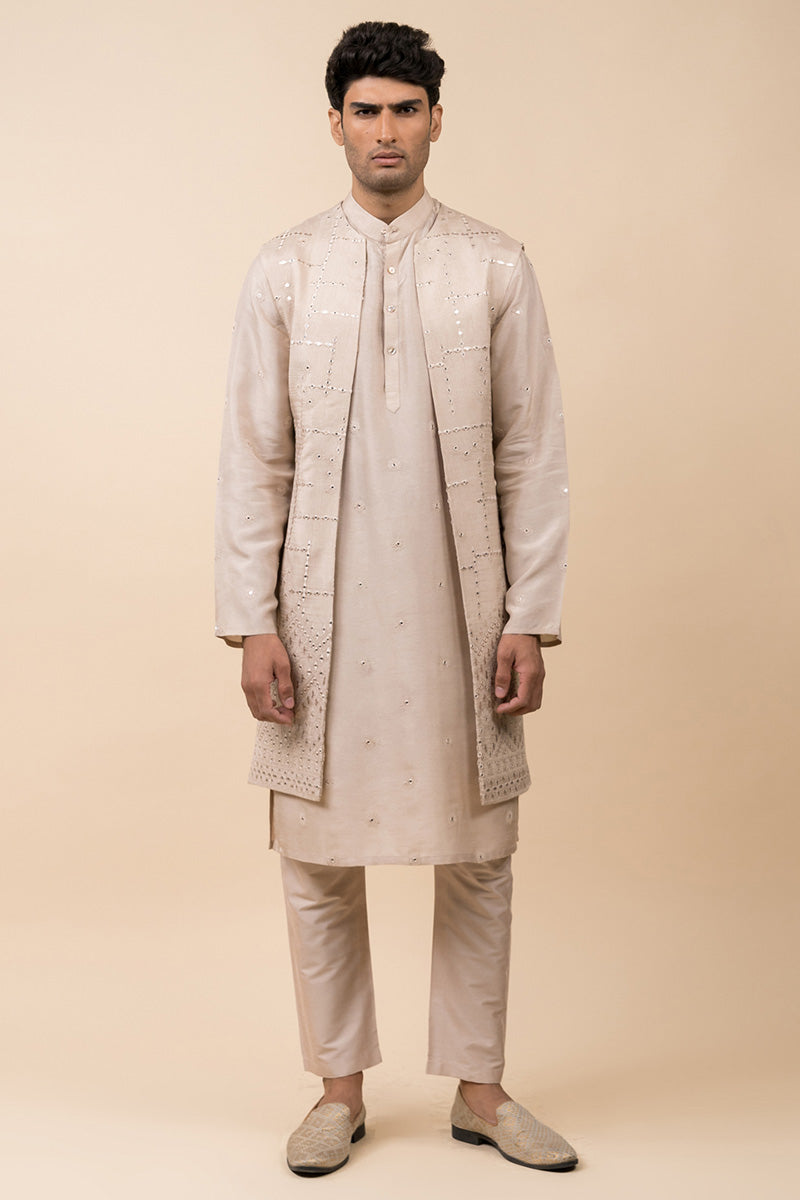 Beige Open Front Kurta Bundi Set