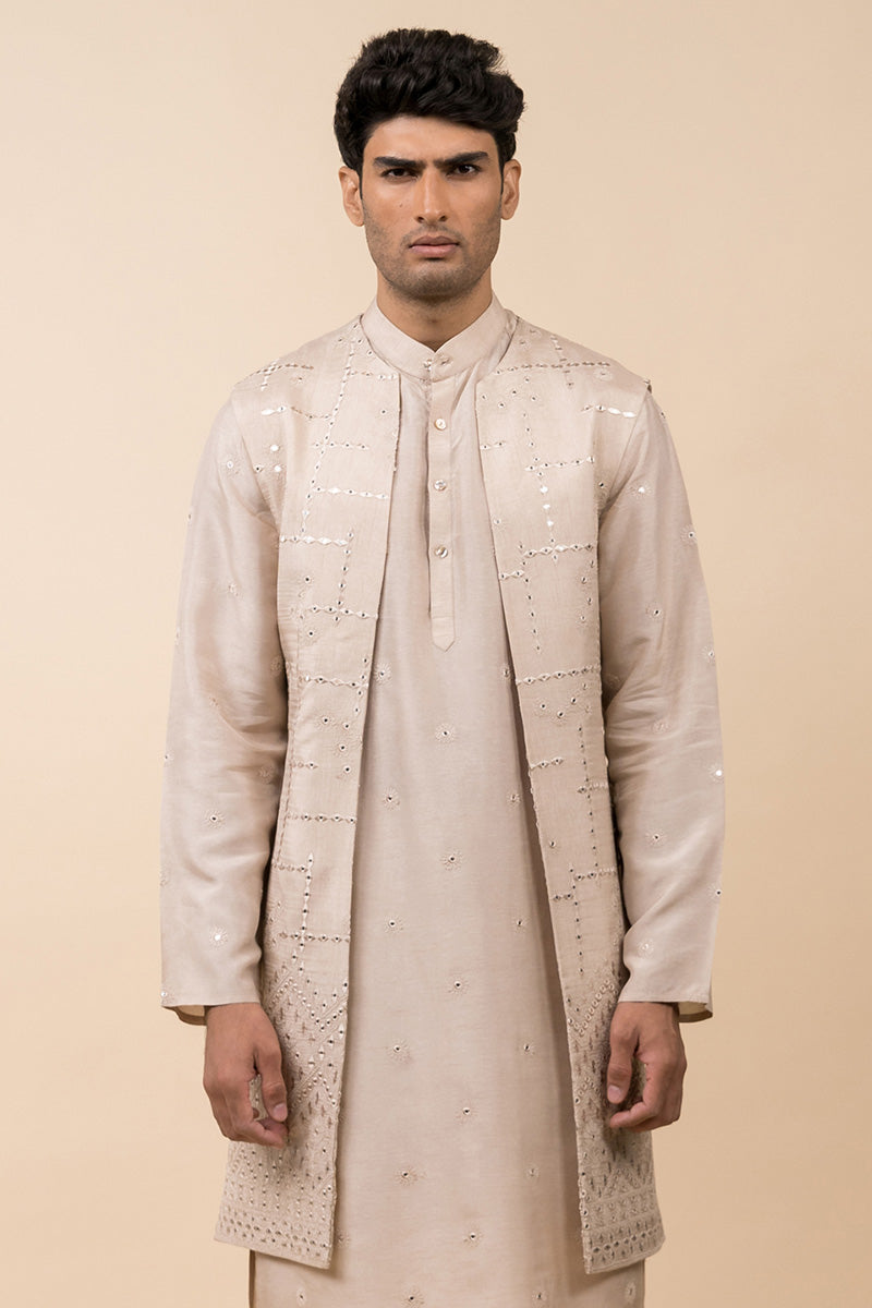 Beige Open Front Kurta Bundi Set