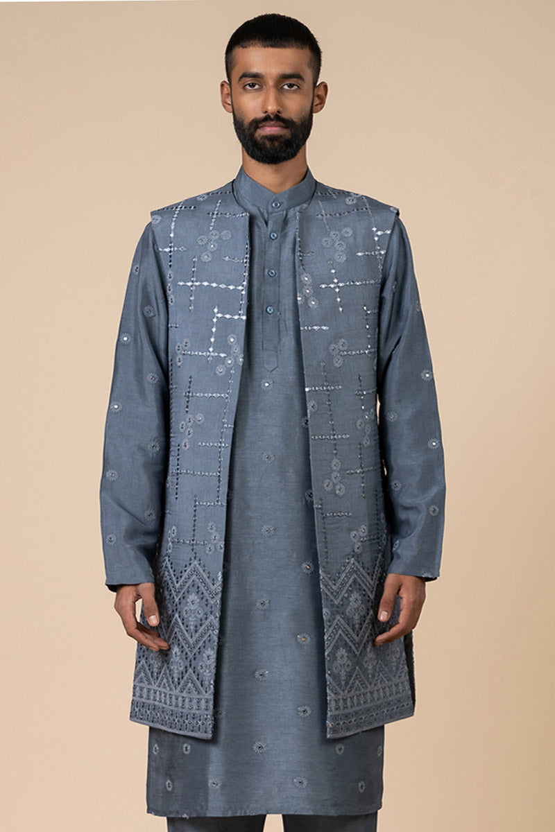 Grey Open Front Kurta Bundi Set