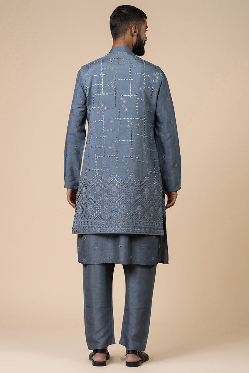 Grey Open Front Kurta Bundi Set