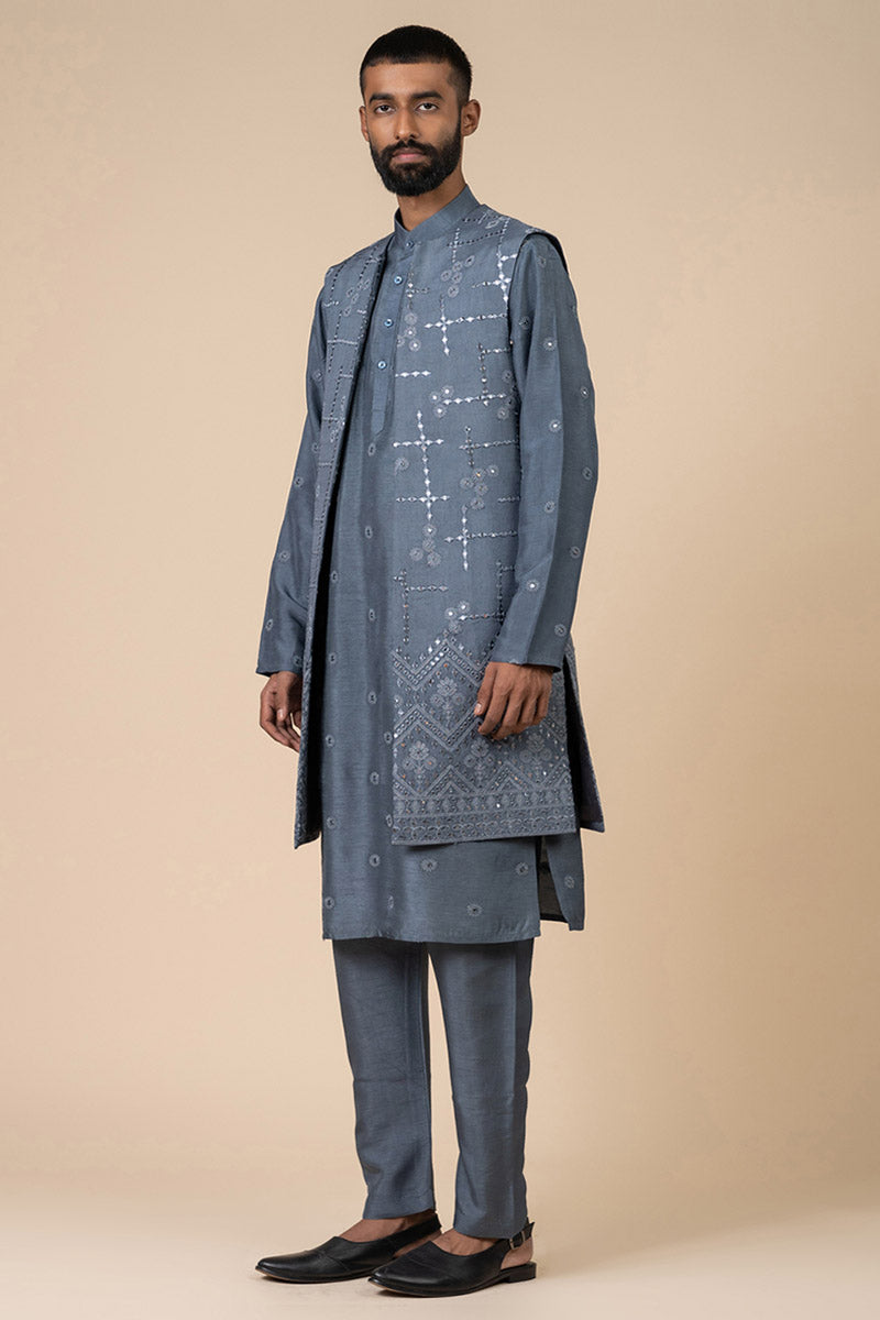 Grey Open Front Kurta Bundi Set