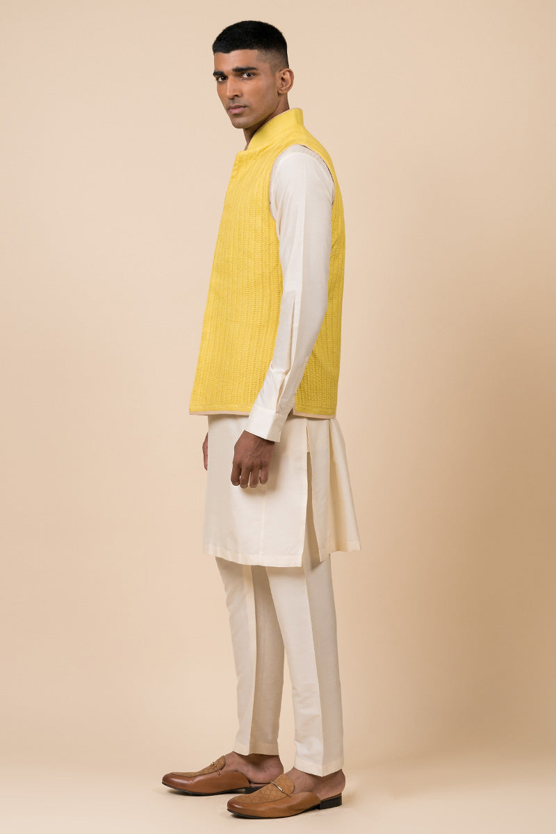 Yellow Schiffli Kurta Bundi Set