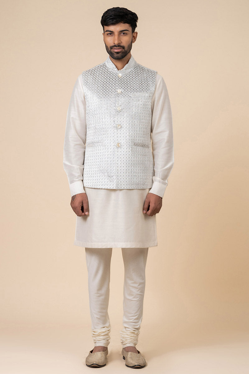 Grey Embossed Velvet Kurta Bundi Set